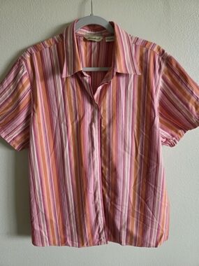Vintage Eddie Bauer Pink and Orange Striped Short-Sleeve Button-Down Shirt